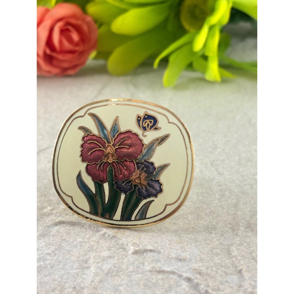 Vintage Floral Iris and Butterfly Cloisonne Scarf Clip